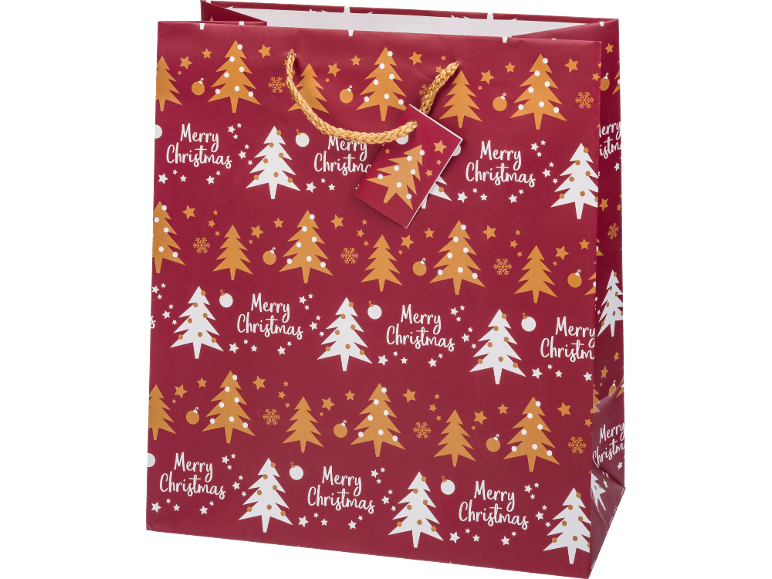 Red Christmas gift bag with gold and white trees and 'Merry Christmas' text.