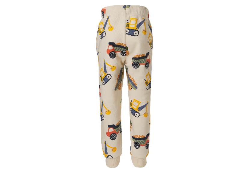 Cream children's trousers with excavator and dump truck print.