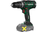 Green and black cordless drill with battery, with a yellow X symbol on the battery.