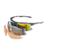 Sports sunglasses with interchangeable lenses in black, grey, and orange, with a mirrored lens.