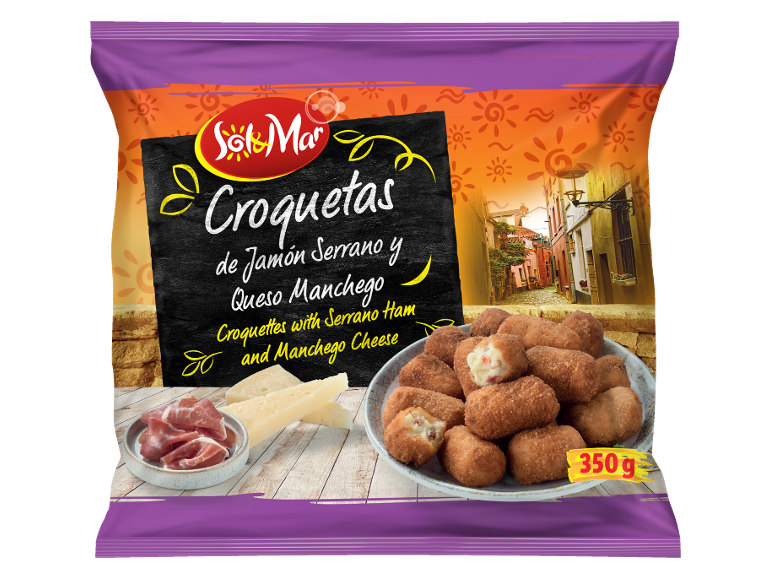 Croquettes with Serrano ham and Manchego cheese in a 350g package, with a Spanish street background.
