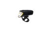 Black bicycle light with a bright front light and a rubber strap for attachment.