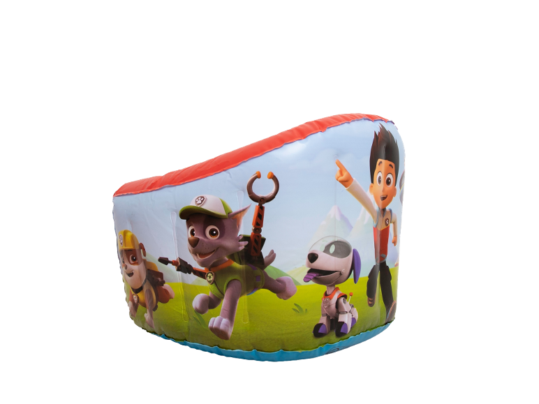 Inflatable children's beanbag with cartoon characters on a landscape background.