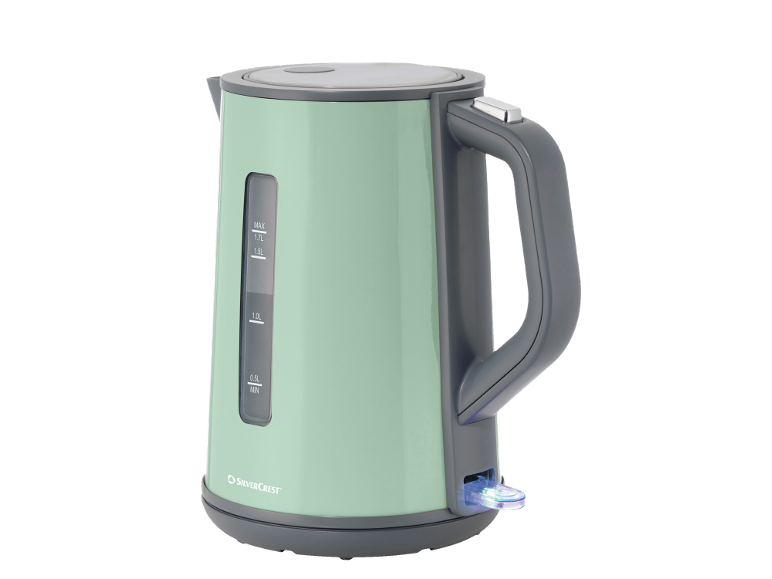 Light green electric kettle with a water level indicator and an illuminated switch.