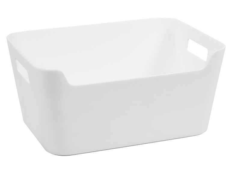 White plastic storage box with rectangular handles.
