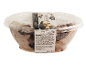 Double chocolate ice cream in a transparent plastic container with a lid, with nutritional information.