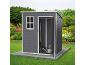 Grey garden shed with open door, tools, and watering can on a lawn.