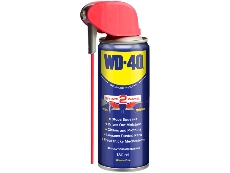 Multi-use product spray can with a red nozzle, listing benefits like stopping squeaks and loosening rusted parts.