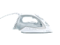 White and grey steam iron with auto-off, self-clean, and ceramic coated features.