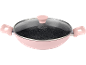 Pink cooking pot with a speckled black non-stick interior and a glass lid