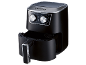 Black air fryer with pull-out drawer, featuring temperature and timer dials.