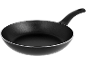 Black non-stick frying pan with a handle, viewed from above.