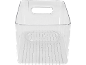 Clear plastic storage box with a rectangular handle and ribbed bottom.