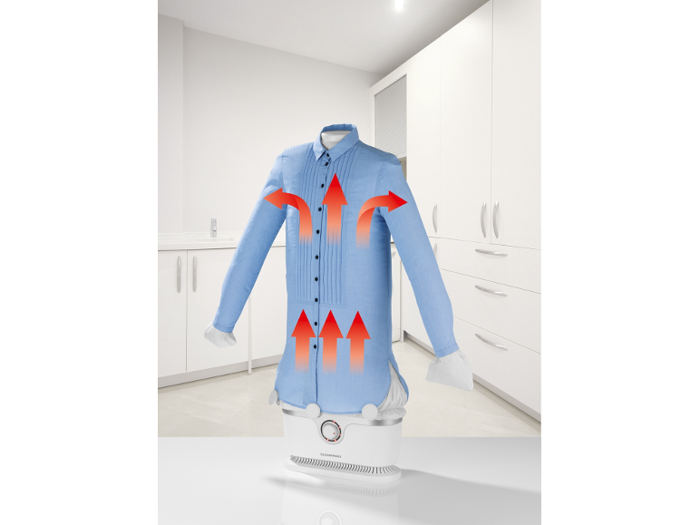 Automatic clothes dryer with a blue shirt, with arrows indicating airflow.