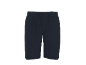 Dark blue shorts with an elastic waistband and drawstring, featuring a brown button.