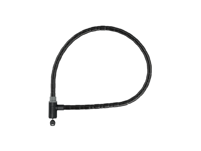 Black bicycle security chain with a key.