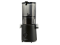 Black electric juicer with a transparent container and a control dial.