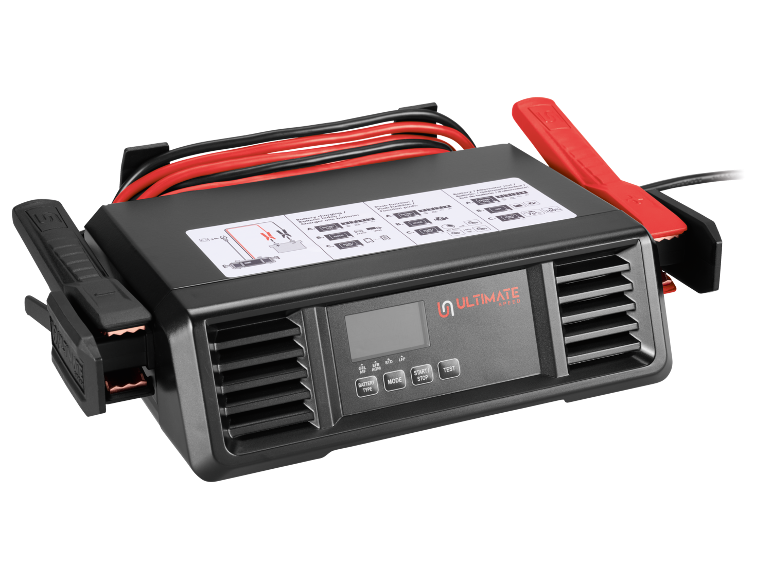 Car battery charger with jump leads and digital display.