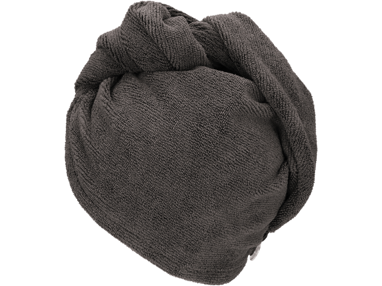 Dark grey hair towel twisted into a turban