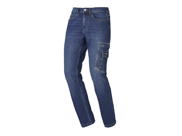 Blue denim work trousers with side pockets and stitching details.