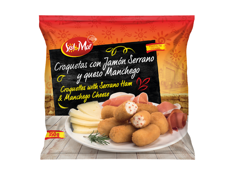 Packaging of croquettes with Serrano ham and Manchego cheese, 350g.