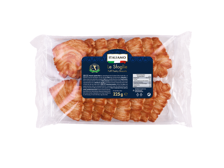 Packaged puff pastry biscuits with a nutritional label and ingredient information.