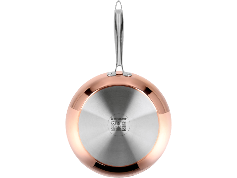 Copper frying pan with stainless steel base and metal handle, viewed from underneath.