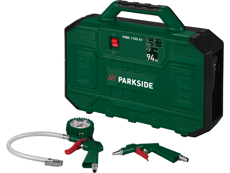 Green portable compressor with pressure gauge and inflation gun, 94 dB