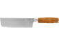 Stainless steel kitchen knife with a wooden handle, featuring a wide and sharp blade.