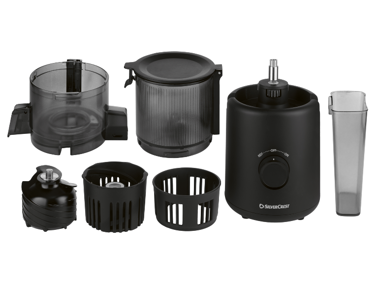 Disassembled electric juicer with motor base, containers, and black plastic accessories.