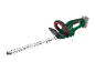 Cordless hedge trimmer in green and black with a long blade.