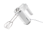 White electric hand mixer with beaters attached, angled view.