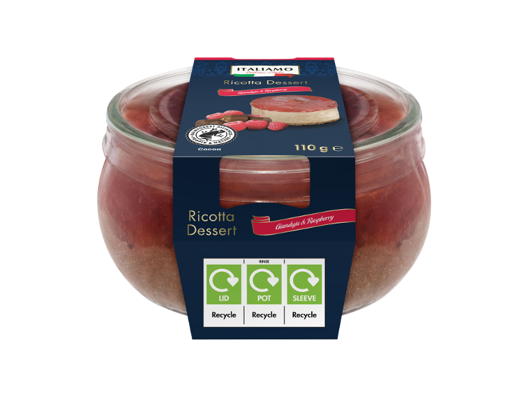Ricotta dessert gianduja and raspberry, 110g, with recycling instructions on the packaging.