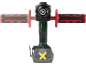 Cordless drill with detachable handle and battery with a yellow X.