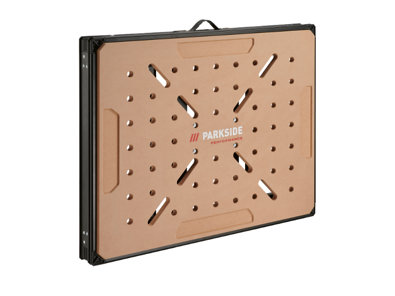 Foldable workbench with a perforated brown surface and black frame, featuring a handle.