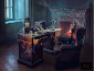 Halloween-themed study with a desk, chair, fireplace, and spooky decorations like skulls and cobwebs.