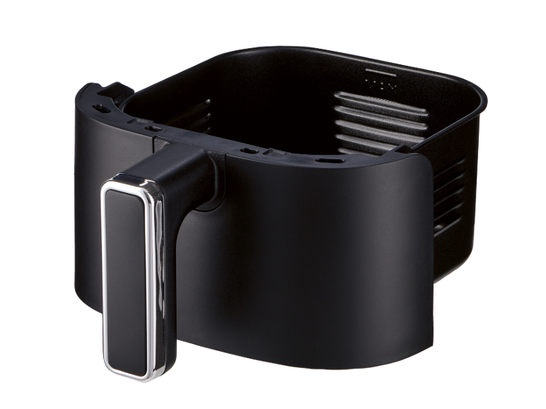Black air fryer basket with a handle and internal markings.