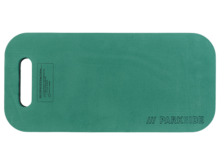 Green knee cushion with a handle and product information.