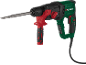 Green and black rotary hammer with a red handle and chisel.