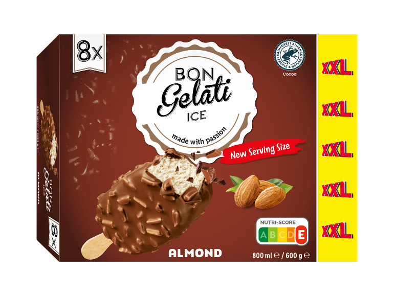 Chocolate almond ice cream sticks in a pack, 8 pieces, Nutri-Score E
