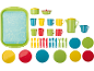 Colorful plastic toy kitchen set with tray, cups, plates, and cutlery.