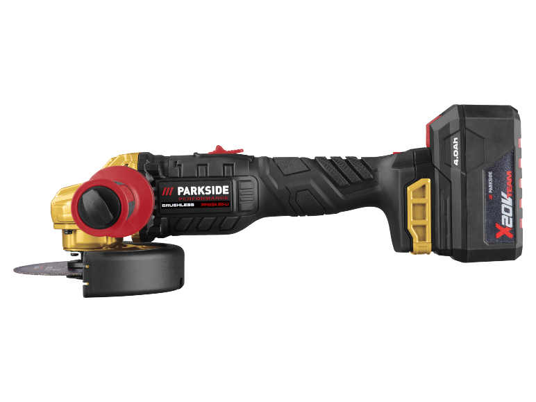 Cordless angle grinder with a disc and a 4.0 Ah battery