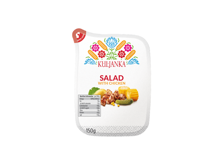 Salad with chicken, 150g pack with an embroidery-like pattern and nutritional information.