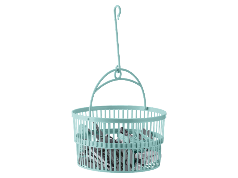 Blue plastic hanging basket with clothes pegs.