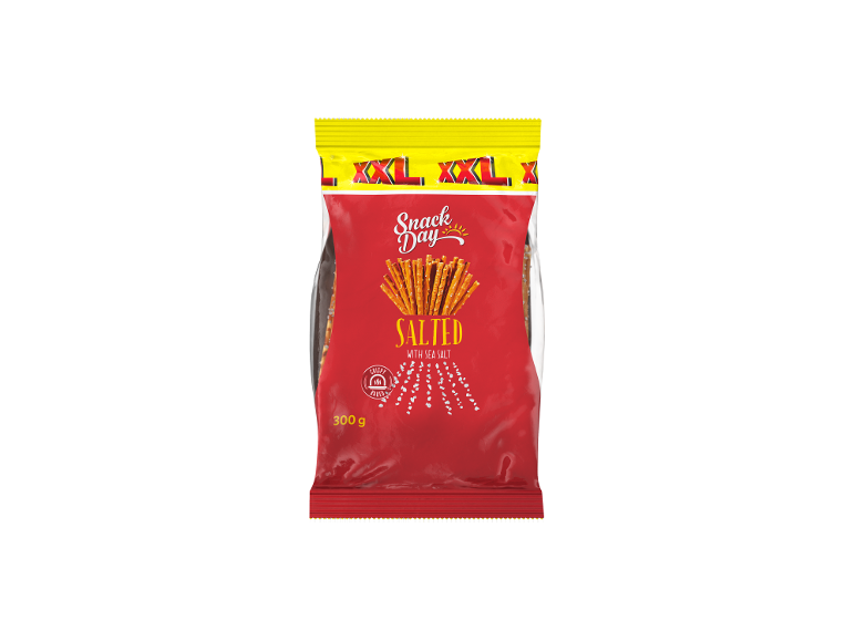 Bag of salted sticks with sea salt, featuring 'XXL' and '300 g' text.