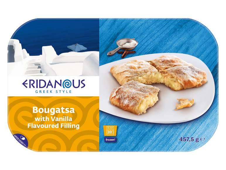 Bougatsa with vanilla filling, frozen, 457.5g, with a Greek island theme.