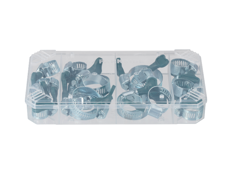 Set of metal hose clamps in a clear storage box
