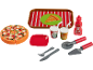 Toy pizza set with tray, drinks, ketchup, cutlery, pizza cutter, and server.