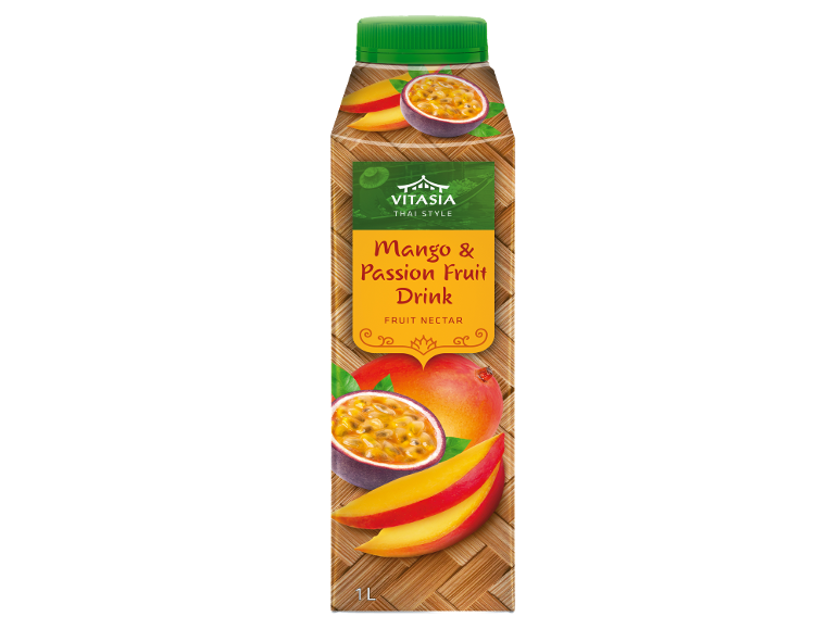 Mango and passion fruit drink in a carton with a green cap, 1L.