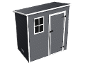 Grey garden shed with a sloped roof, white trim, a window, and a door.